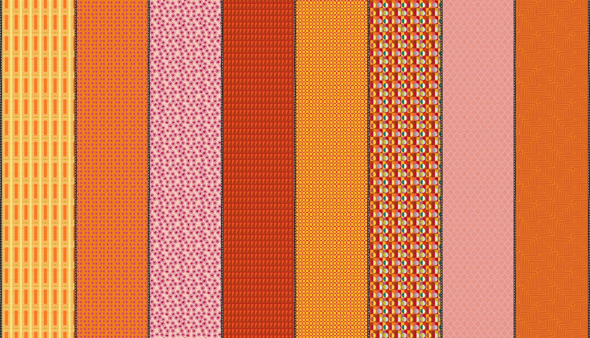 Lollie Jar by Jen Kingwell multi-fabric swatch collection cotton quilting fabric with geometric motifs, flowers, spots, and orange tones.