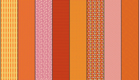 Lollie Jar by Jen Kingwell multi-fabric swatch collection cotton quilting fabric with geometric motifs, flowers, spots, and orange tones.
