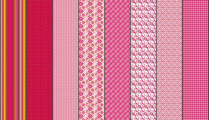 Pink collection of patterns Lollie Jar by Jen Kingwell cotton quilting fabric featuring stripes, spots, leaves, and geometric shapes in bright pink, rose, and cream.