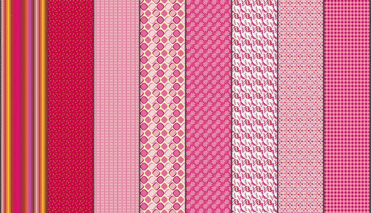 Pink collection of patterns Lollie Jar by Jen Kingwell cotton quilting fabric featuring stripes, spots, leaves, and geometric shapes in bright pink, rose, and cream.