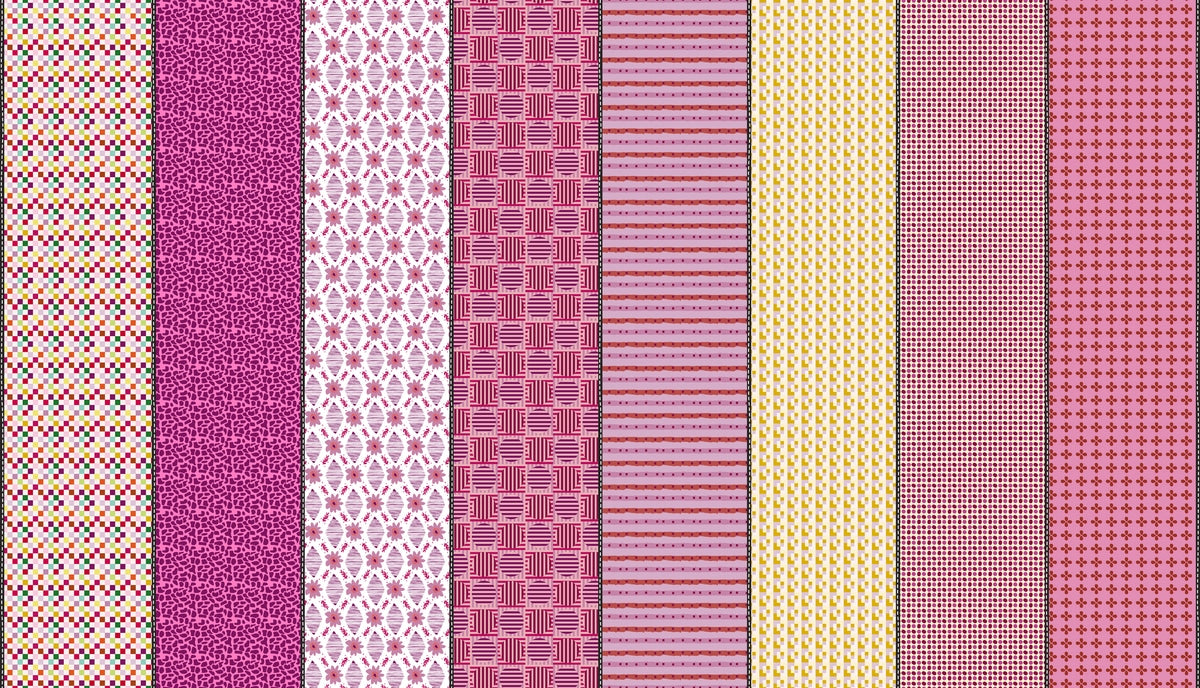 Multi-color pixel check Lollie Jar by Jen Kingwell cotton quilting fabric with small red, yellow, green, blue, purple, orange squares on a light rose background.