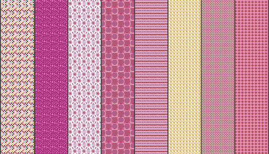 Multi-color pixel check Lollie Jar by Jen Kingwell cotton quilting fabric with small red, yellow, green, blue, purple, orange squares on a light rose background.