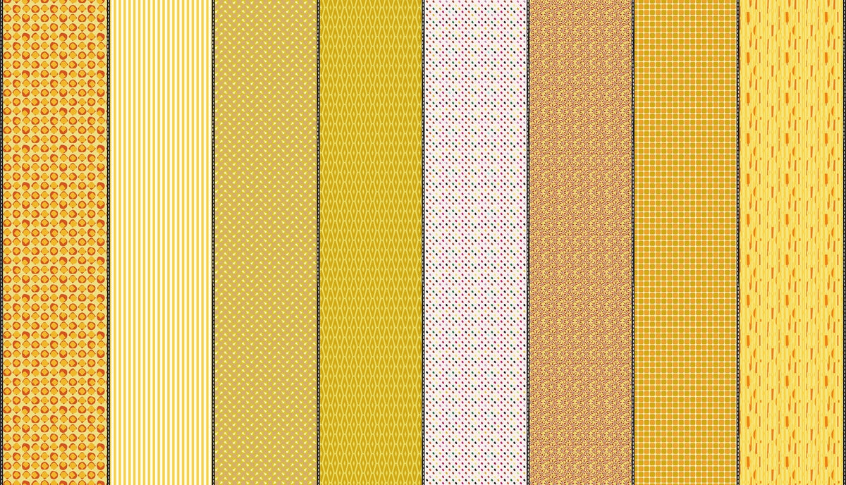 Moda's Lollie Jar by Jen Kingwell cotton quilting fabric with assorted yellow patterns: stripes, dots, diamonds in gold, orange, ivory. spring, summer.