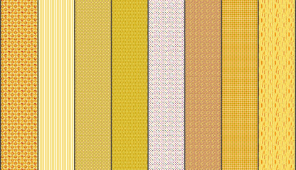 Moda's Lollie Jar by Jen Kingwell cotton quilting fabric with assorted yellow patterns: stripes, dots, diamonds in gold, orange, ivory. spring, summer.