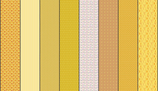 Moda's Lollie Jar by Jen Kingwell cotton quilting fabric with assorted yellow patterns: stripes, dots, diamonds in gold, orange, ivory. spring, summer.