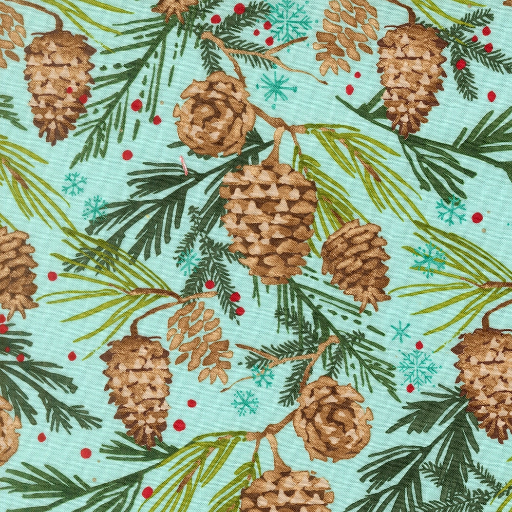 Christmas pinecones on aqua cotton quilting fabric, Mums Christmas by Robin Pickens. Winter woodland theme with pine branches, berries, snowflakes.