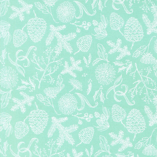Moda's Mums Christmas by Robin Pickens cotton quilting fabric with aqua winter botanicals featuring white pinecones, holly, and wildflowers.