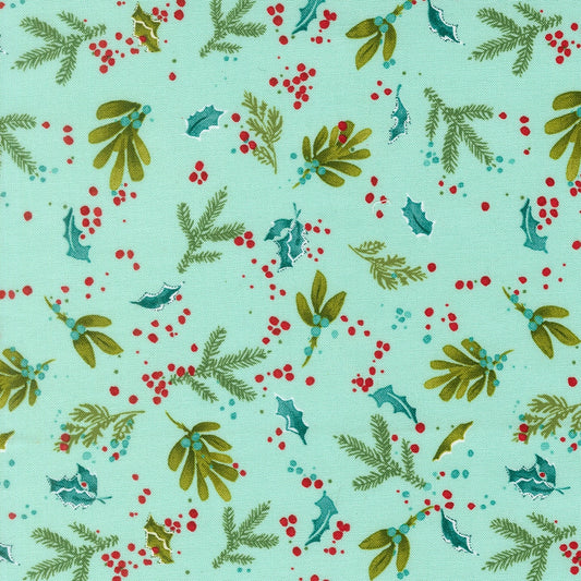 Mums Christmas by Robin Pickens cotton quilting fabric. Christmas botanical with scattered pine, holly, mistletoe, red berries on aqua.