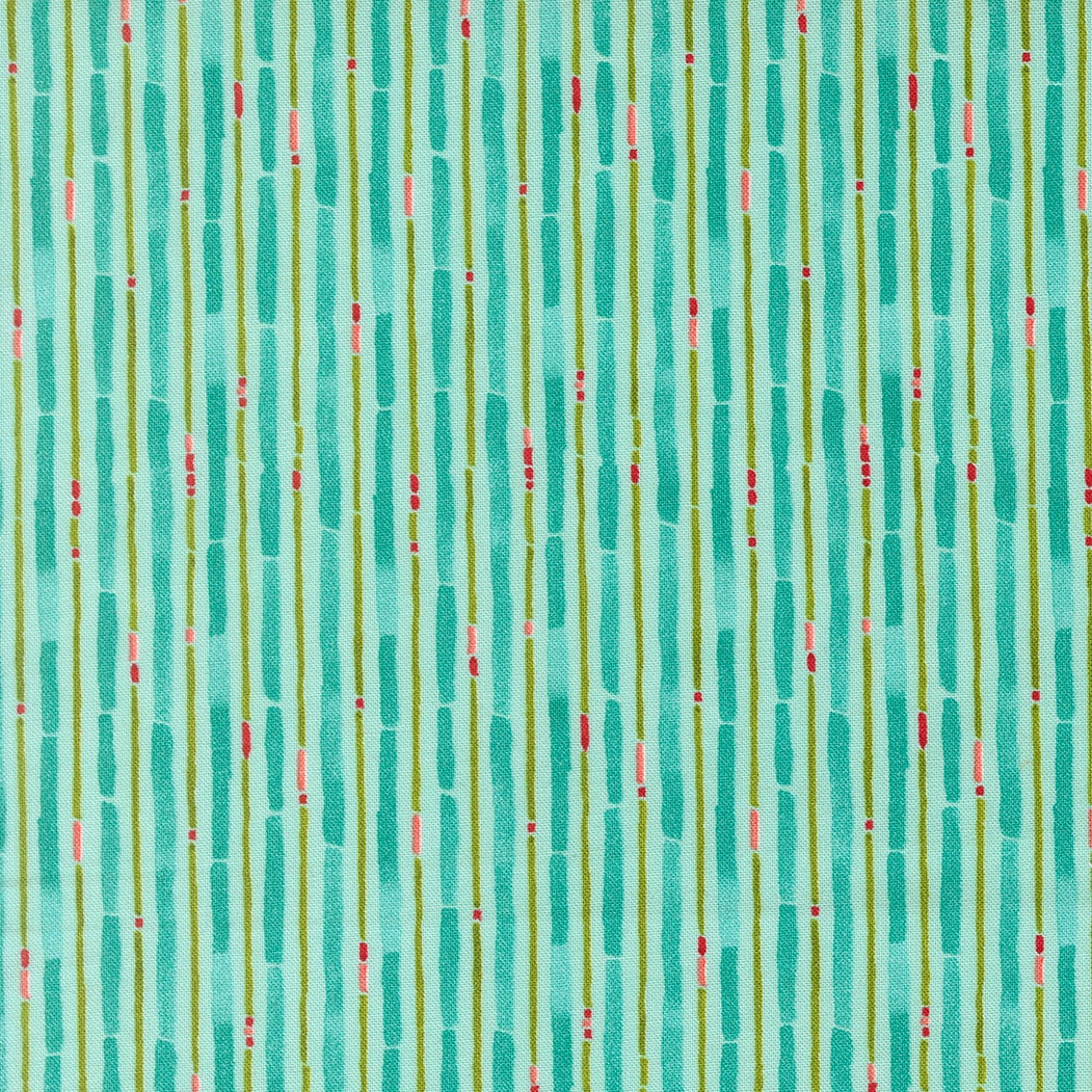 Moda's Mums Christmas by Robin Pickens cotton quilting fabric: aqua dashed vertical stripes with hand-drawn dashes in aqua, olive green, pink on light aqua.