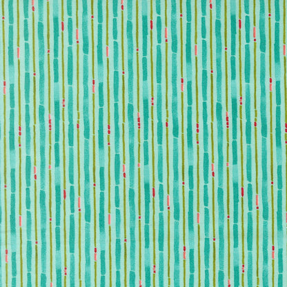 Moda's Mums Christmas by Robin Pickens cotton quilting fabric: aqua dashed vertical stripes with hand-drawn dashes in aqua, olive green, pink on light aqua.