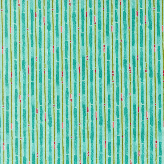 Moda's Mums Christmas by Robin Pickens cotton quilting fabric: aqua dashed vertical stripes with hand-drawn dashes in aqua, olive green, pink on light aqua.