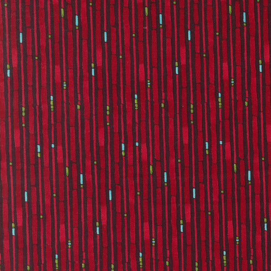 Burgundy vertical stripes with accents, Moda's Mums Christmas by Robin Pickens cotton quilting fabric. Features dark brown, aqua, and mint green.