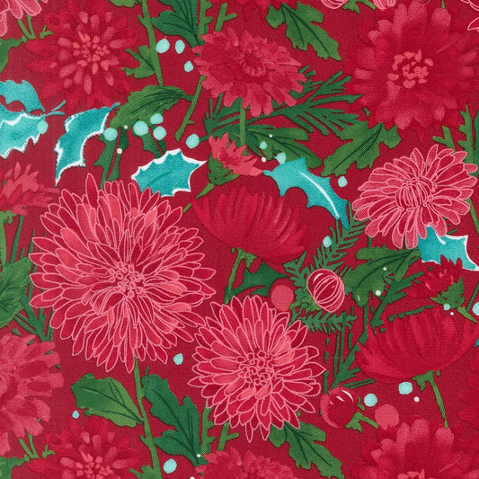 Christmas floral on crimson red Moda's Mums Christmas by Robin Pickens cotton quilting fabric with chrysanthemums, poppies, holly, and berries.