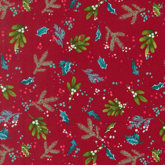 Moda's crimson cotton quilting fabric with Christmas botanicals. Mums Christmas by Robin Pickens features mistletoe, holly, pine, & berries.