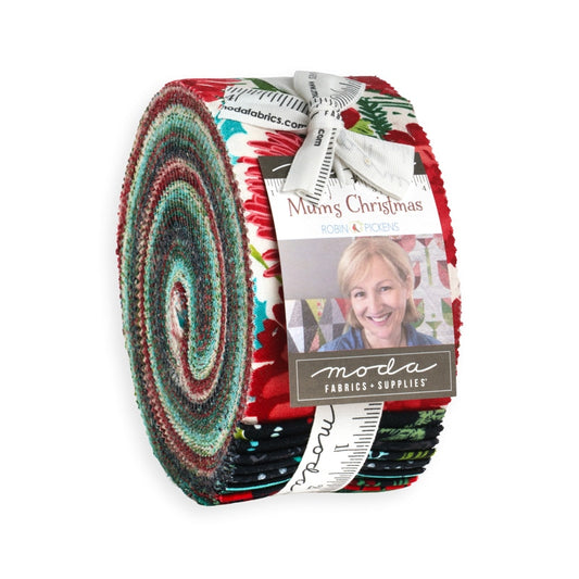 Moda's Mums Christmas Jelly Roll by Robin Pickens. 40 strips of cotton quilting fabric. SKU 48820JR