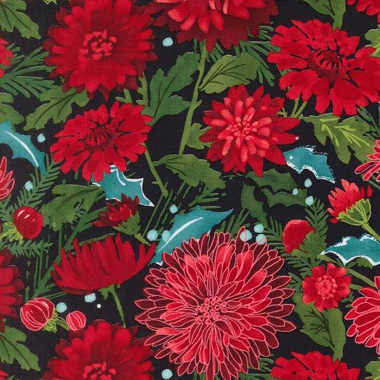 Moda's Christmas red chrysanthemums, dark green fir, teal holly, and red berries on midnight Mums Christmas by Robin Pickens cotton quilting fabric.