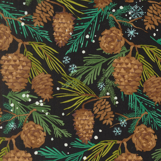 Moda's Christmas pine cones and branches on midnight Mums Christmas by Robin Pickens cotton quilting fabric, accented by snow and snowflakes.