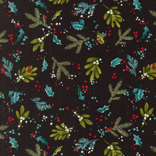 Moda's Mums Christmas by Robin Pickens cotton quilting fabric. Christmas winter foliage on midnight with pine, mistletoe, holly, and red, white, aqua berries.