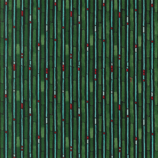 Moda's midnight green bamboo stripes cotton quilting fabric from Mums Christmas by Robin Pickens, a woodland design with teal, red, and white accents.