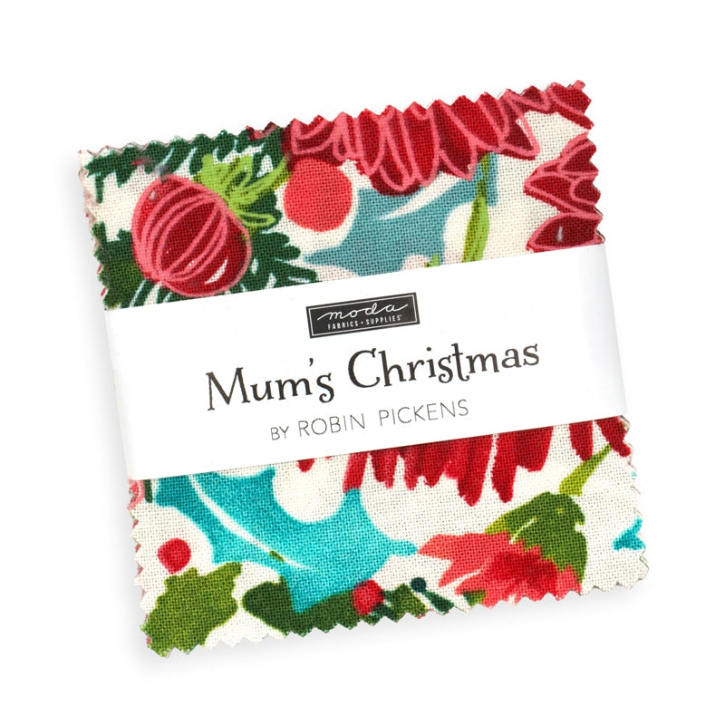 Moda's Mums Christmas Mini Charm Pack by Robin Pickens. 42 squares of cotton quilting fabric, 2.5 in x 2.5 in, SKU 48820MC