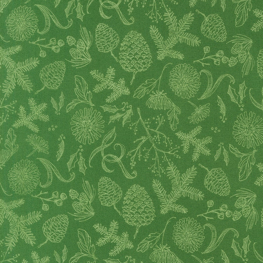 Moda's Christmas botanicals on pine green Mums Christmas by Robin Pickens cotton quilting fabric, featuring pinecones, holly, berries, and sage green details.