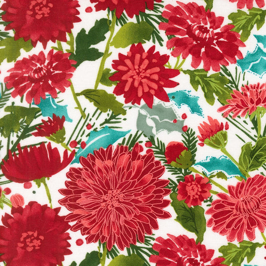 Moda's Christmas chrysanthemums and holly on snow Mums Christmas by Robin Pickens cotton quilting fabric, featuring deep red flowers and green leaves.