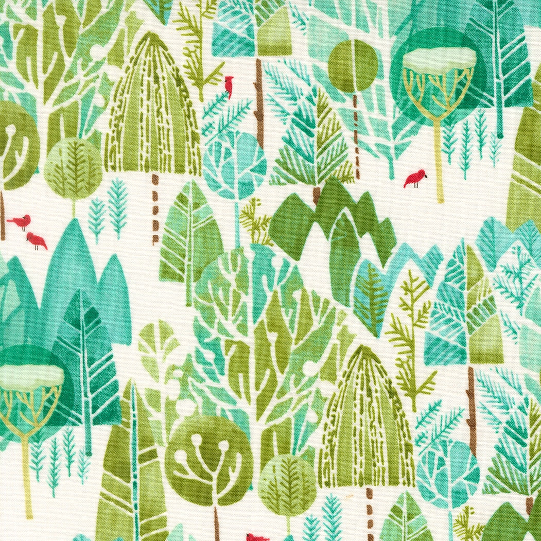 Whimsical green & teal woodland trees with red birds on snow, Mums Christmas by Robin Pickens cotton quilting fabric.