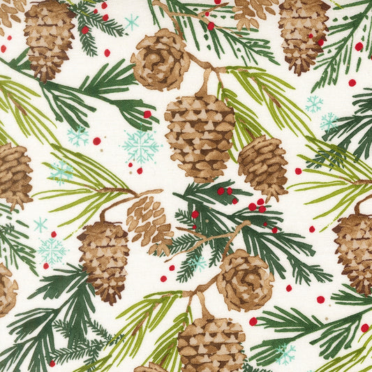 Christmas pinecones on snow Mums Christmas by Robin Pickens cotton quilting fabric. Pine branches, red berries, and light blue snowflakes on an ivory background.