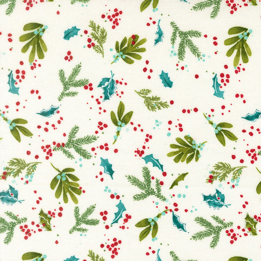 Christmas foliage on snow Mums Christmas by Robin Pickens quilting fabric. Scattered mistletoe pine holly red berries light blue speckles on white.