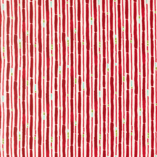 Irregular deep red stripes with lime green and pale aqua dots on snow white cotton quilting fabric from Moda's Mums Christmas by Robin Pickens.