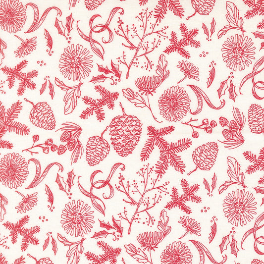 Christmas botanicals on cream Mums Christmas by Robin Pickens cotton quilting fabric. Features crimson pinecones, holly, flowers, swirling ribbons.