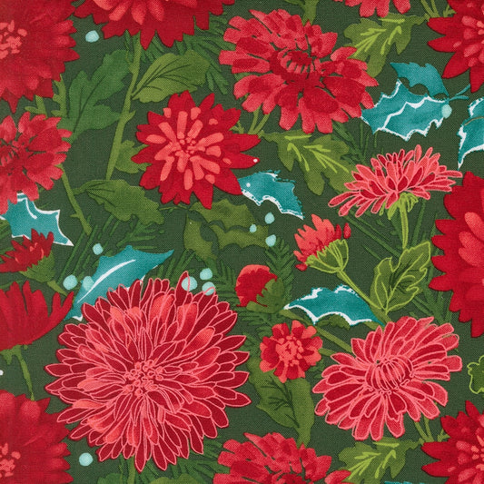 Moda's Christmas chrysanthemums, holly leaves, berries, and pine needles on spruce green Mums Christmas by Robin Pickens cotton quilting fabric.