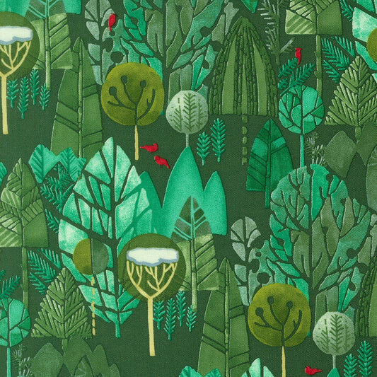 Moda's Mums Christmas spruce green winter woodland cotton quilting fabric by Robin Pickens. Features stylized trees with snow and red birds.