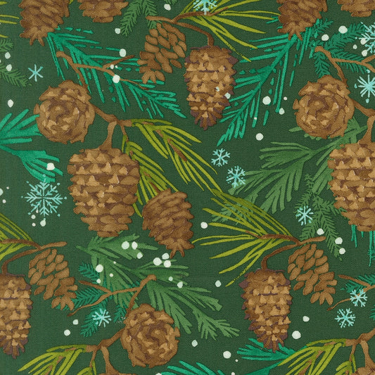 Christmas brown pine cones, green branches, and snowflakes on spruce green Moda's Mums Christmas by Robin Pickens cotton quilting fabric.