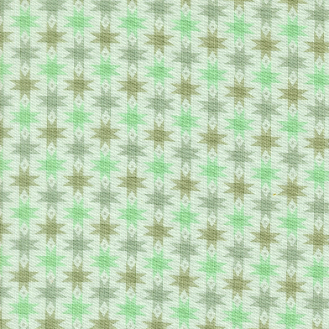 Moda's muted green and brown geometric stars Popcorn by Elizabeth Hartman cotton quilting fabric. Features jagged star shapes, diamonds, and zigzags on light aqua.