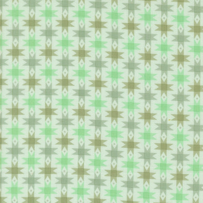 Moda's muted green and brown geometric stars Popcorn by Elizabeth Hartman cotton quilting fabric. Features jagged star shapes, diamonds, and zigzags on light aqua.