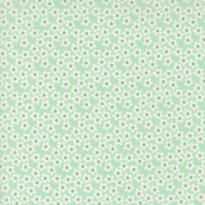 Moda's aqua small flowers blender Popcorn by Elizabeth Hartman cotton quilting fabric. Small white stylized flowers with gray centers.