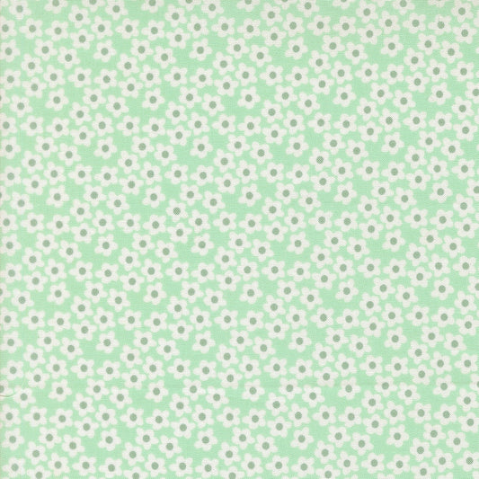 Moda's aqua small flowers blender Popcorn by Elizabeth Hartman cotton quilting fabric. Small white stylized flowers with gray centers.