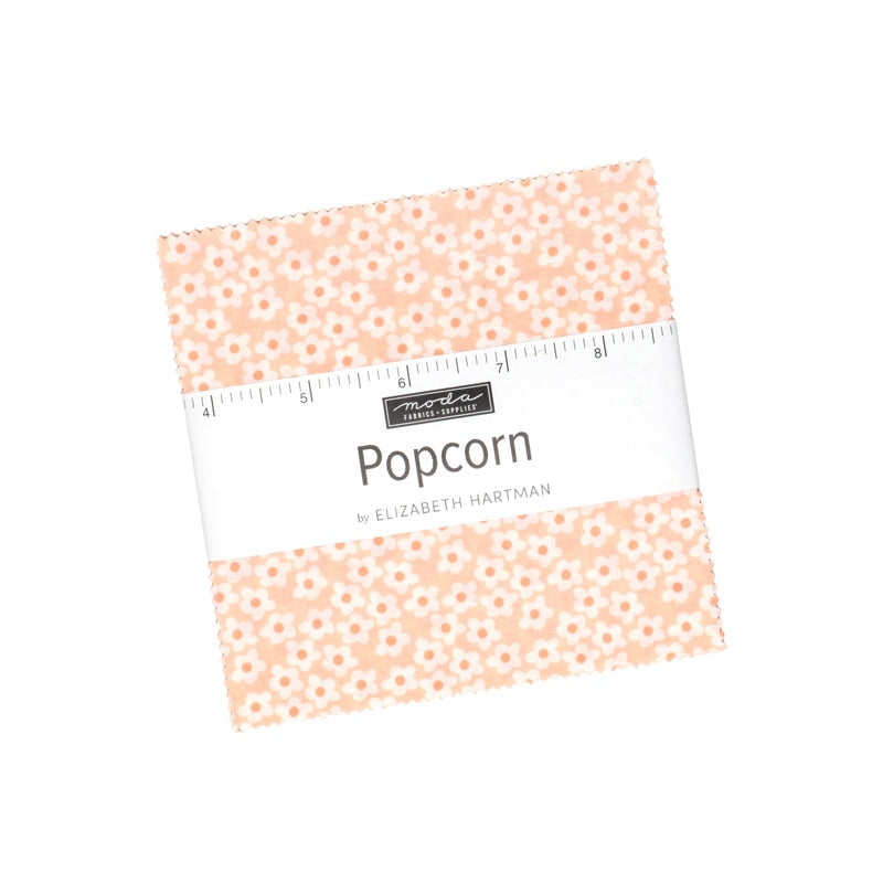 Moda's Popcorn Charm Pack by Elizabeth Hartman. 42 squares of cotton quilting fabric, 5 in x 5 in, SKU 51280PP