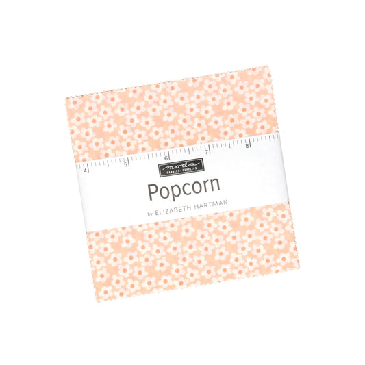 Moda's Popcorn Charm Pack by Elizabeth Hartman. 42 squares of cotton quilting fabric, 5 in x 5 in, SKU 51280PP