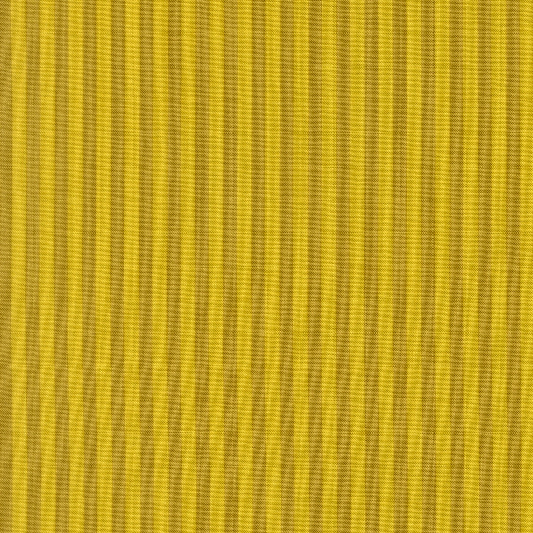 Moda's alternating citrine and olive green vertical stripes Popcorn by Elizabeth Hartman cotton quilting fabric.
