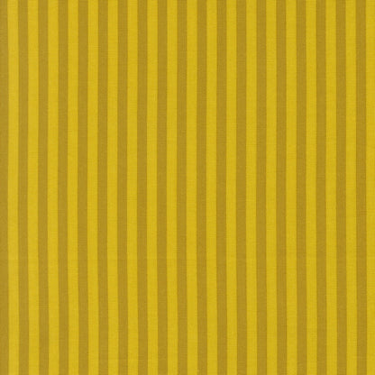 Moda's alternating citrine and olive green vertical stripes Popcorn by Elizabeth Hartman cotton quilting fabric.