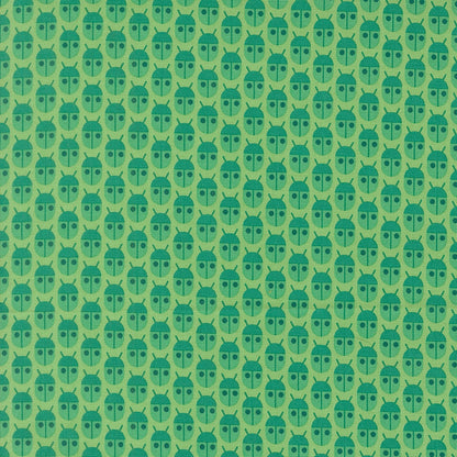 Moda's Popcorn by Elizabeth Hartman cotton quilting fabric with small, stylized jade green beetles and charcoal eyes on a light mint background.