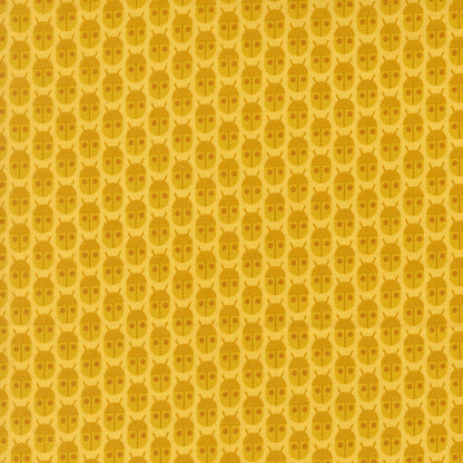 Lemon beetles on Popcorn by Elizabeth Hartman cotton quilting fabric. Whimsical nursery design with mustard yellow and chocolate brown insects on light yellow.