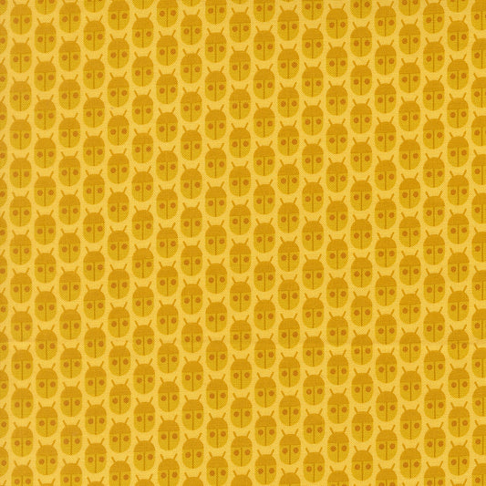 Lemon beetles on Popcorn by Elizabeth Hartman cotton quilting fabric. Whimsical nursery design with mustard yellow and chocolate brown insects on light yellow.