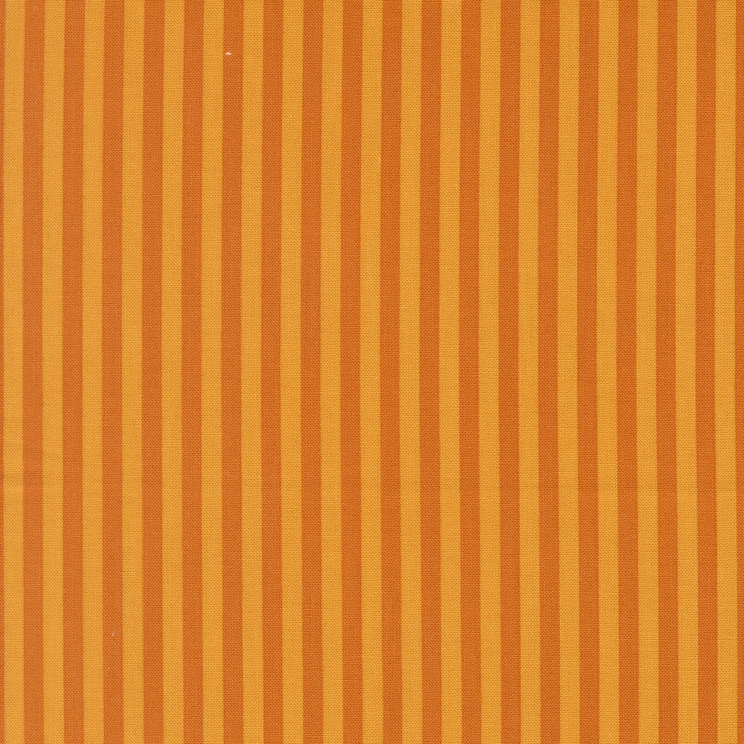 Moda's evenly spaced vertical stripes alternating between warm longhorn orange and darker burnt orange Popcorn by Elizabeth Hartman cotton quilting fabric.