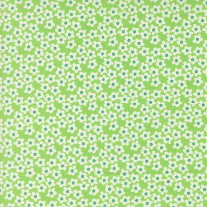 Small white flowers on mint green cotton quilting fabric, Moda's Popcorn by Elizabeth Hartman. spring garden floral blender with emerald green accents.