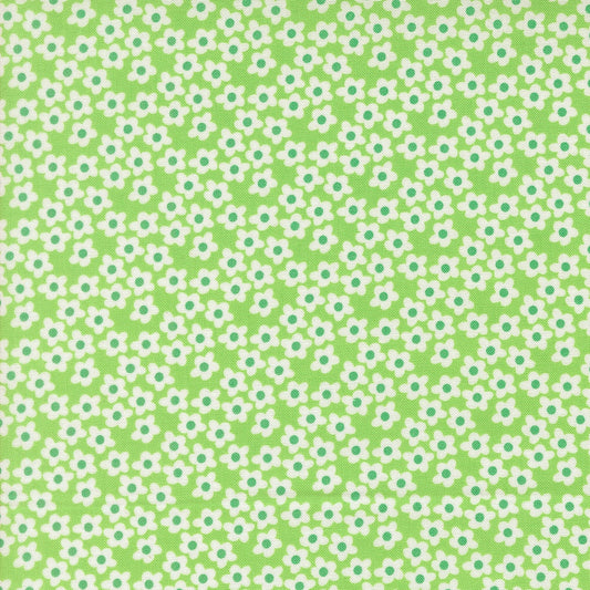 Small white flowers on mint green cotton quilting fabric, Moda's Popcorn by Elizabeth Hartman. spring garden floral blender with emerald green accents.