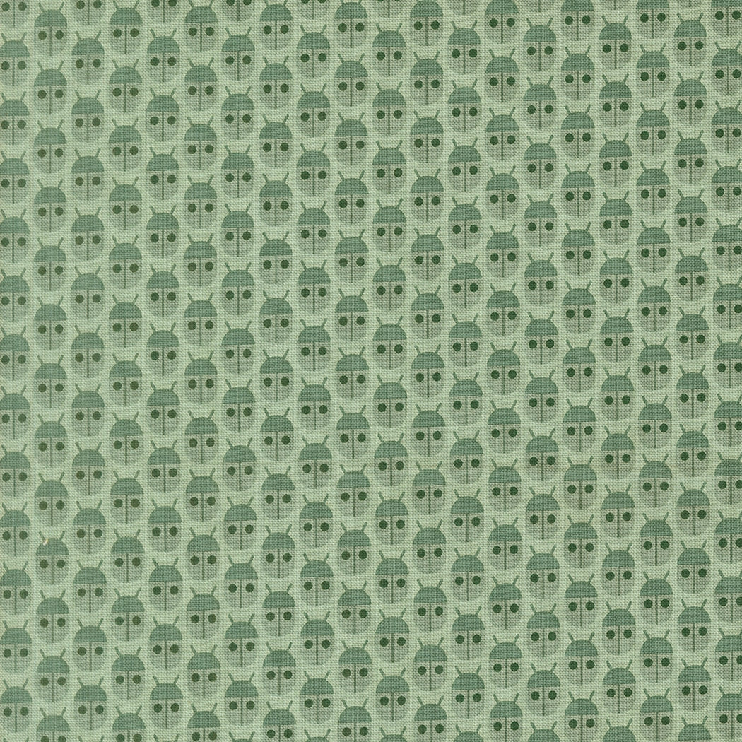 Moda's green bugs allover cotton quilting fabric, Popcorn by Elizabeth Hartman. Features small sage green beetles with dark charcoal eyes on mist green.