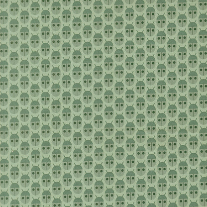 Moda's green bugs allover cotton quilting fabric, Popcorn by Elizabeth Hartman. Features small sage green beetles with dark charcoal eyes on mist green.